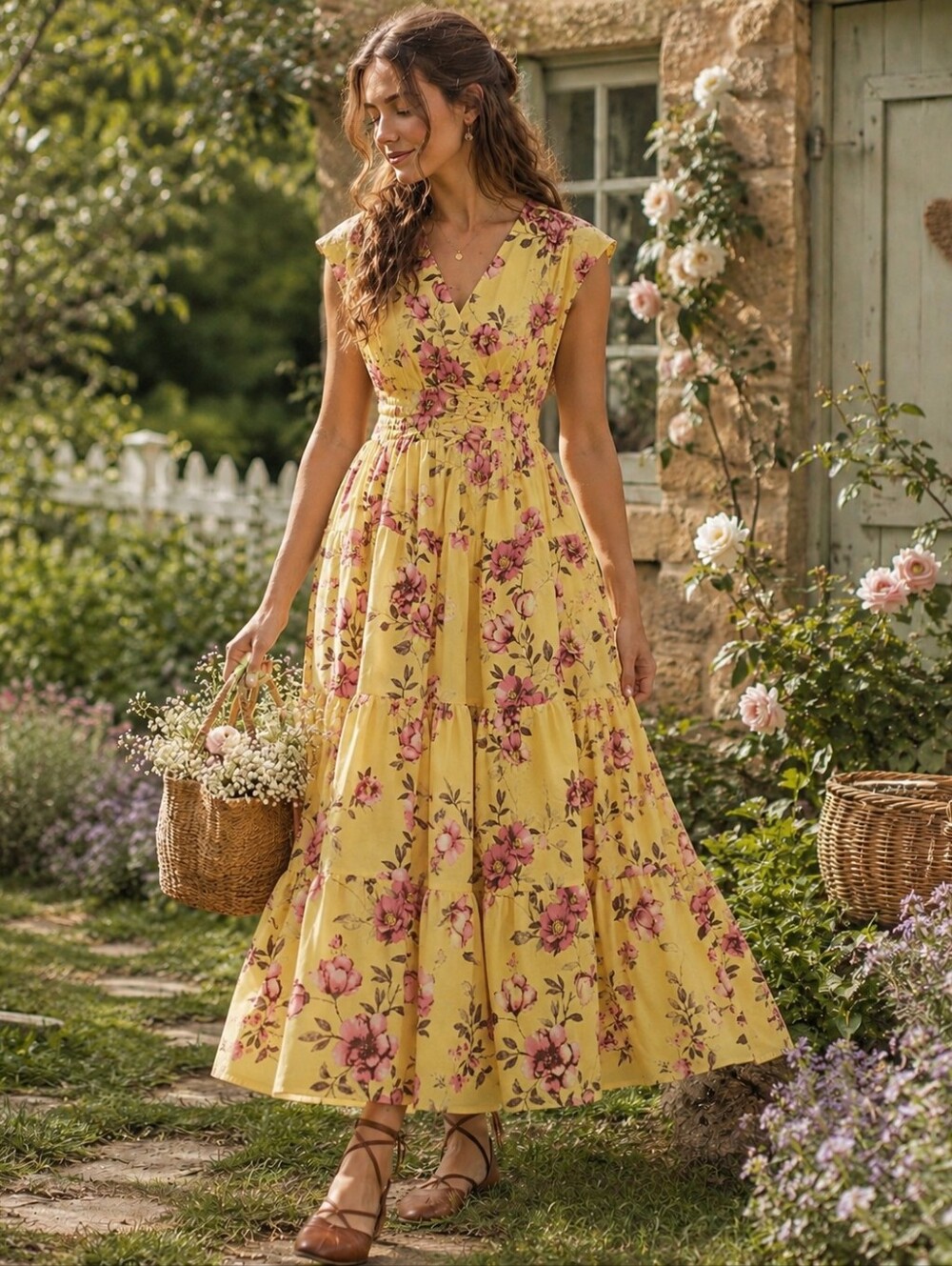 Meadow Rhodes Maxi Dress Size Large Yellow Floral Cotton Tiered Cottagecore Boho